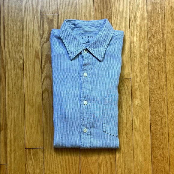 J. Crew Other - J.Crew Men’s Long Sleeve 100% Irish Linen Dress Shirt Medium Blue White Stripes